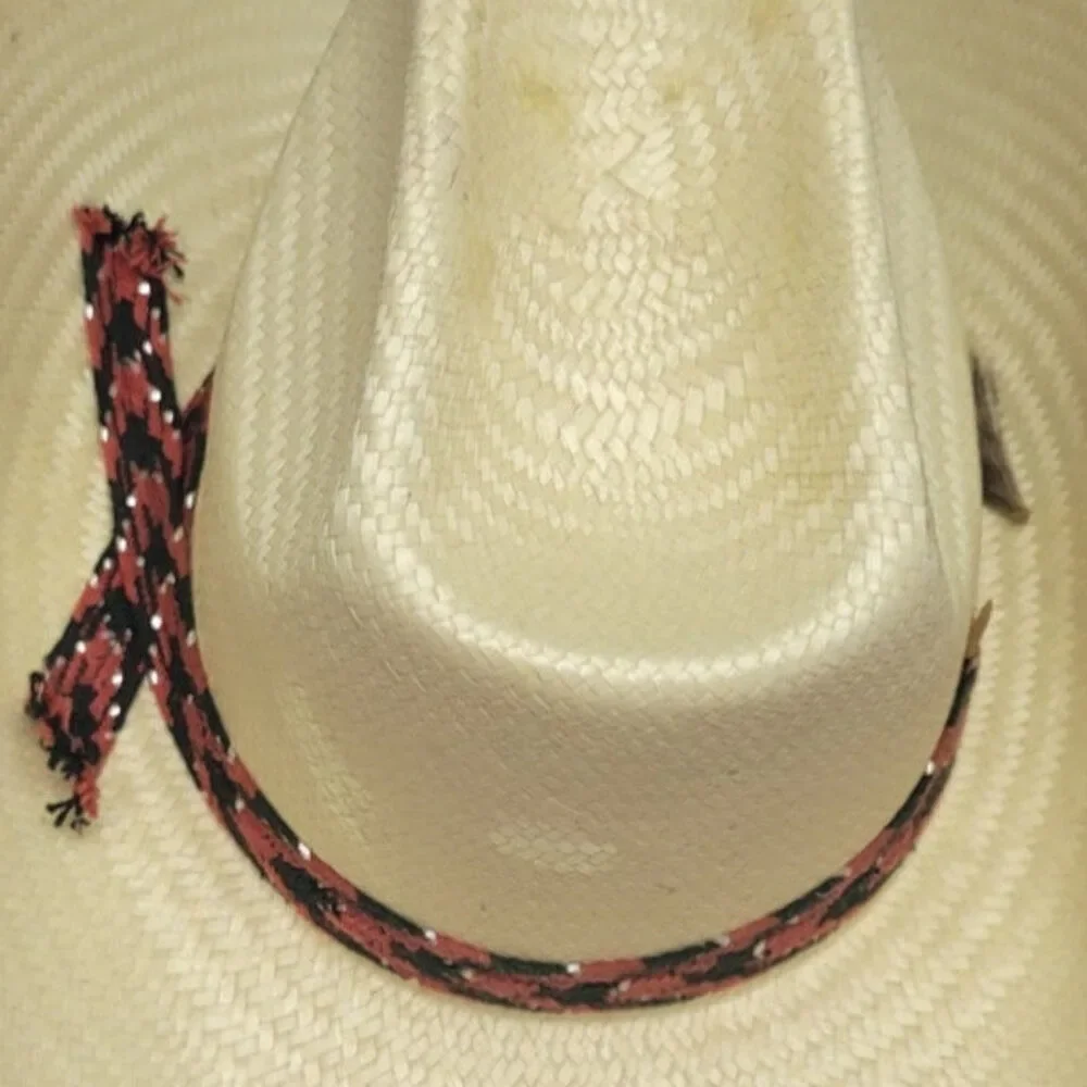 Vintage Womens Stiff Straw Cowboy Cow Girl Western Hat W Red Black Woven Band - Picture 3 of 4